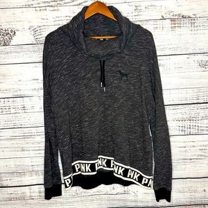 Victorias Secret PINK Heather Gray Logo Cowl Neck Hoodie Black Long Sleeve